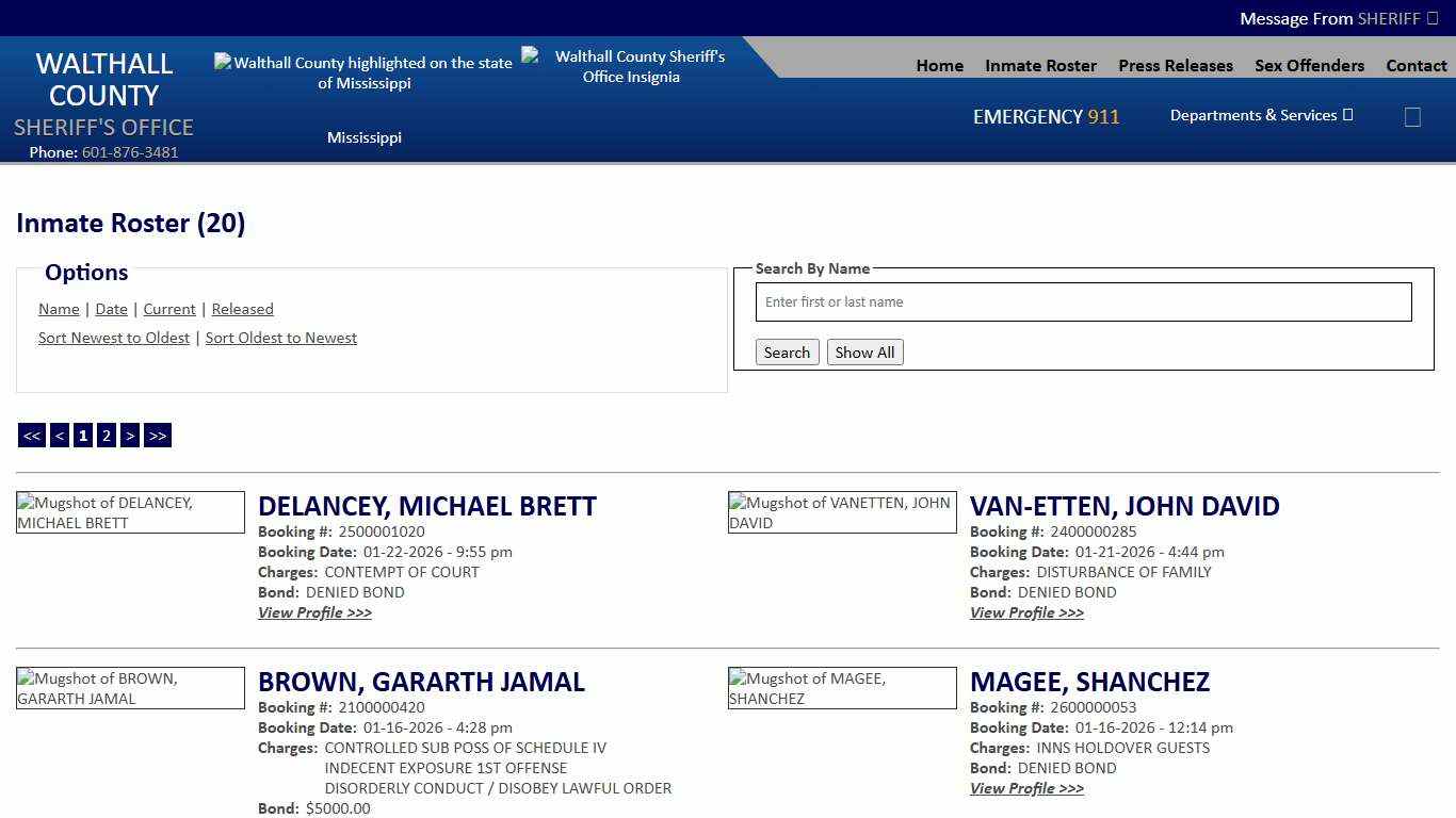 Inmate Roster - Current Inmates Booking Date Descending - Walthall County MS Sheriff's Office